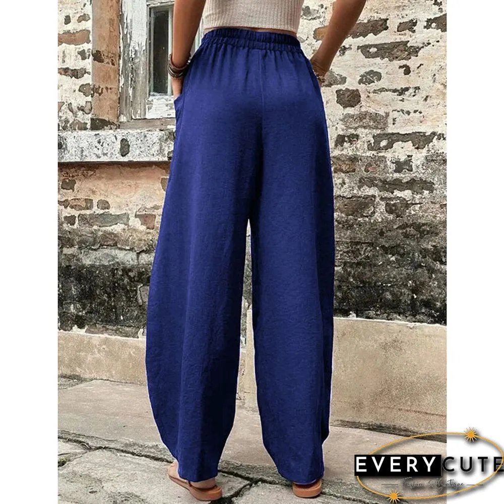 Royal Blue Solid Elastic Waist Pocket Casual Pants