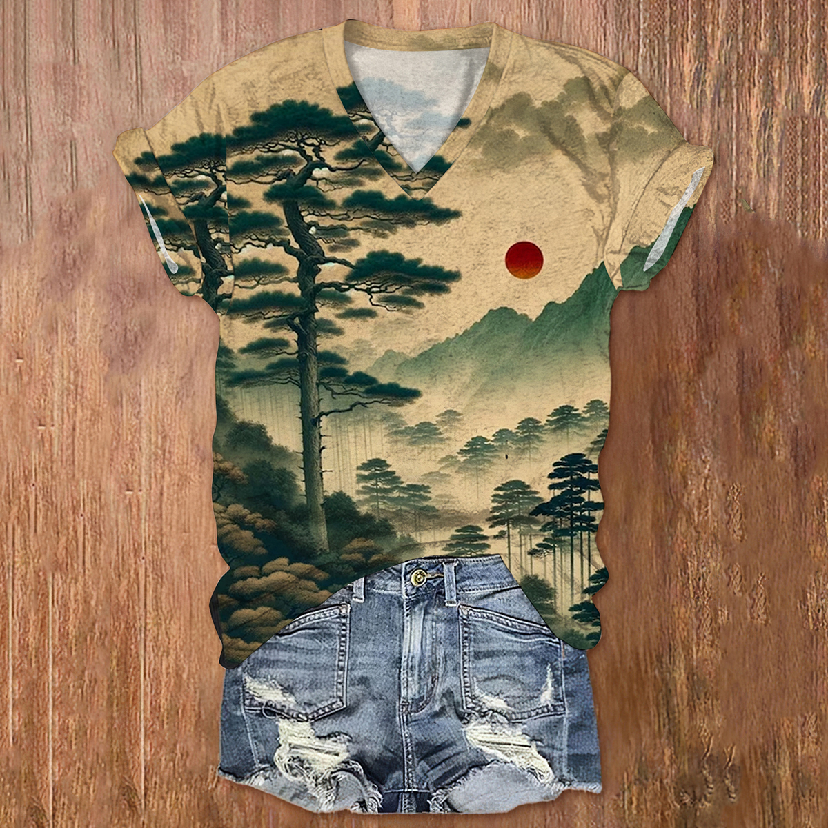 Women's Crimson Dusk in the Pine Forest Japanese Art Print Casual T-Shirt