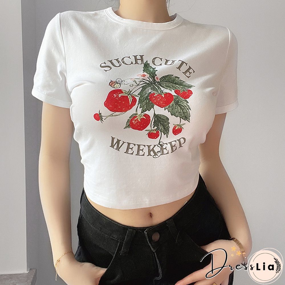 Cute Kawaii Strawberry Print Crop Tops Women Fairycore Short Sleeve Tshirt Aesthetic Harajuku Clothes Streetwear