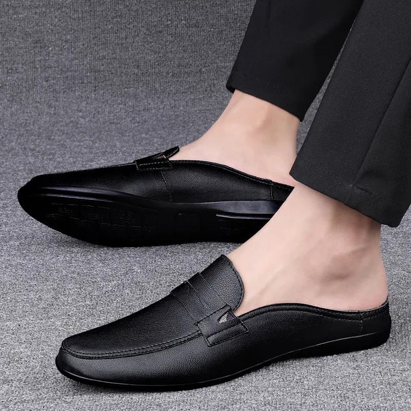Summer New Men's Shoes Casual Half Shoes For Men Brand Loafers Leather Half Slipper Breathable Slip on Lazy Driving Shoes Men