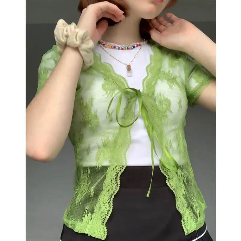 Rapcopter Floral Lace Cardigans Y2K Brown Crop Top Frill Cute T Shirt Tie Up Short Sleeve Tshirt Women Harajuku Tee Top Vintage