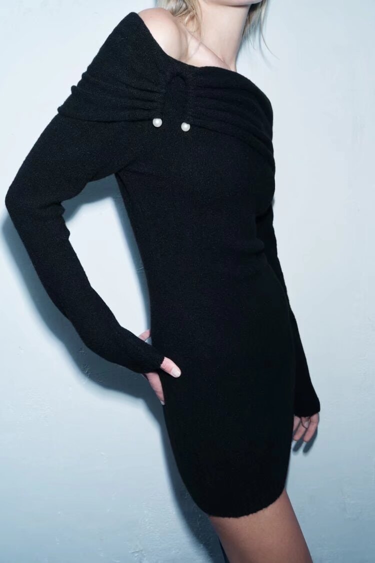 French Hepburn Knitted Pleated Off Shoulder Long Sleeve Dress &ndash; Women&rsquo;s Slim Fit Short Dress
