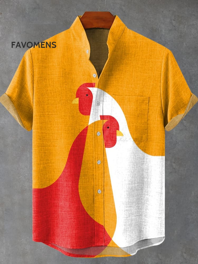 Two Chickens Art Print Casual 100% Cotton Shirt Multicolor / S