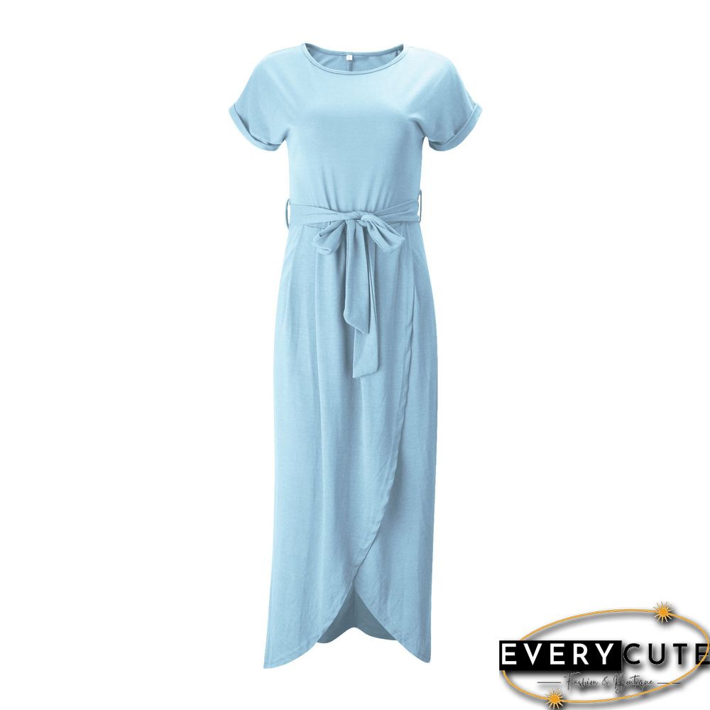 Solid Color Split-front Round-neck Maxi Dress