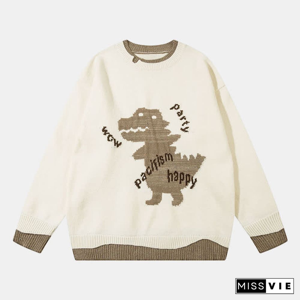Cartoon Dinosaur Letter Print Colorblock Knit Sweater