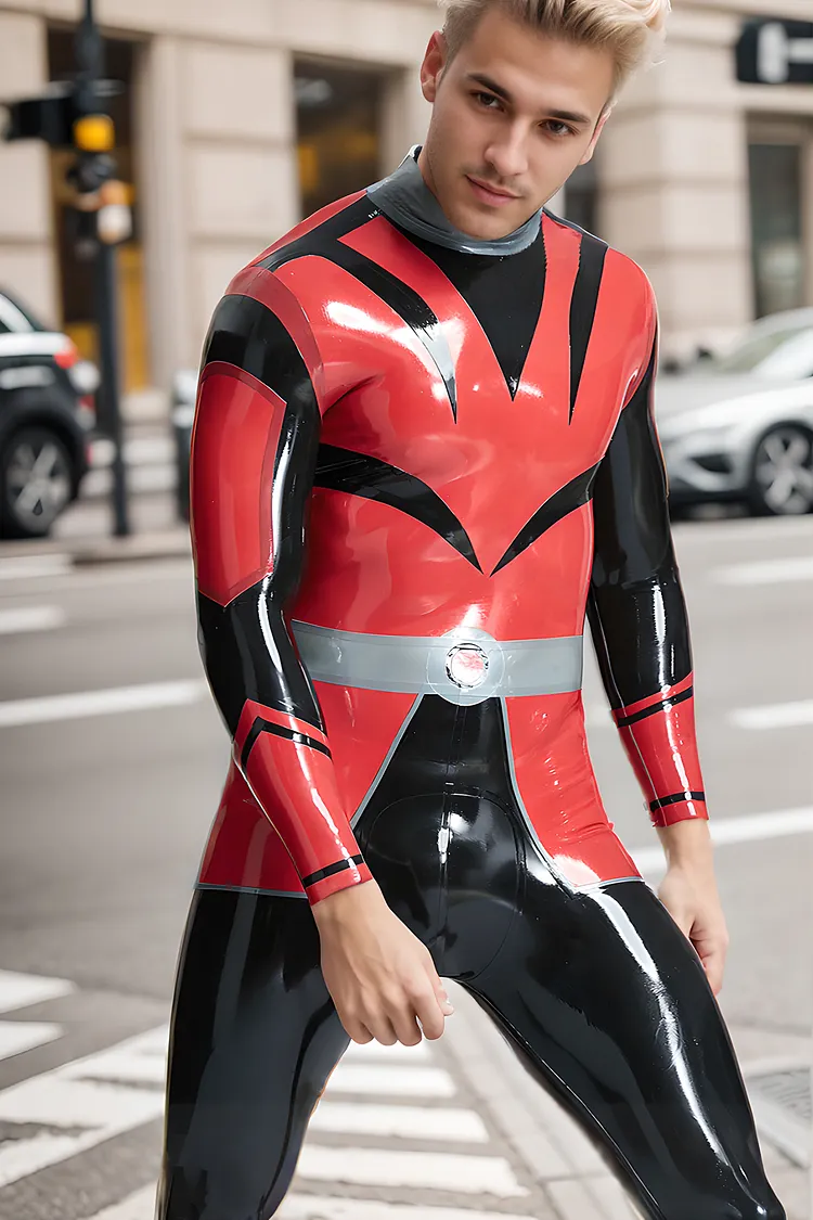 Men Latex Catsuits Back Zip Warrior Superhero Red