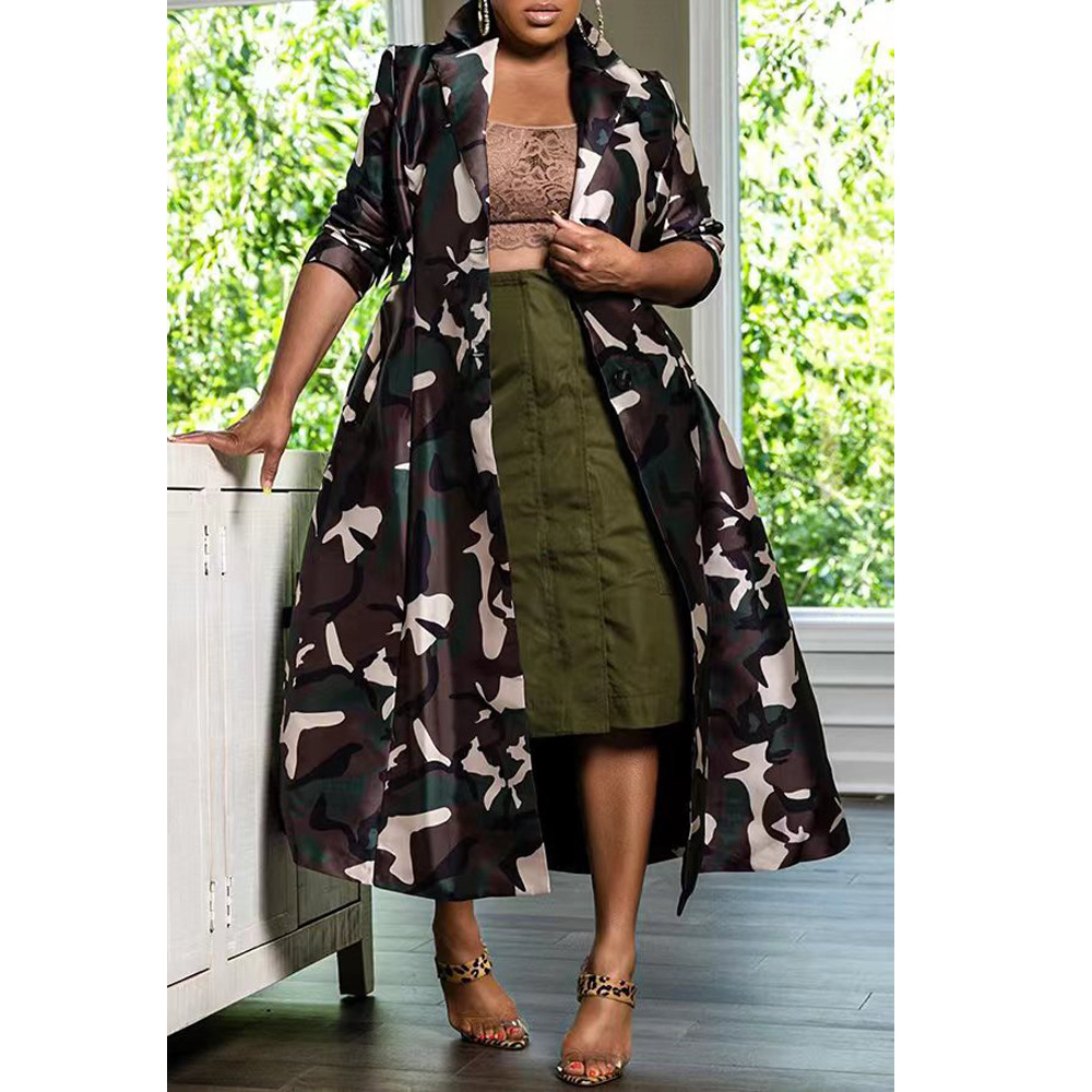 Plus Size Women's Camouflage Print Coat Trench Coat-1120