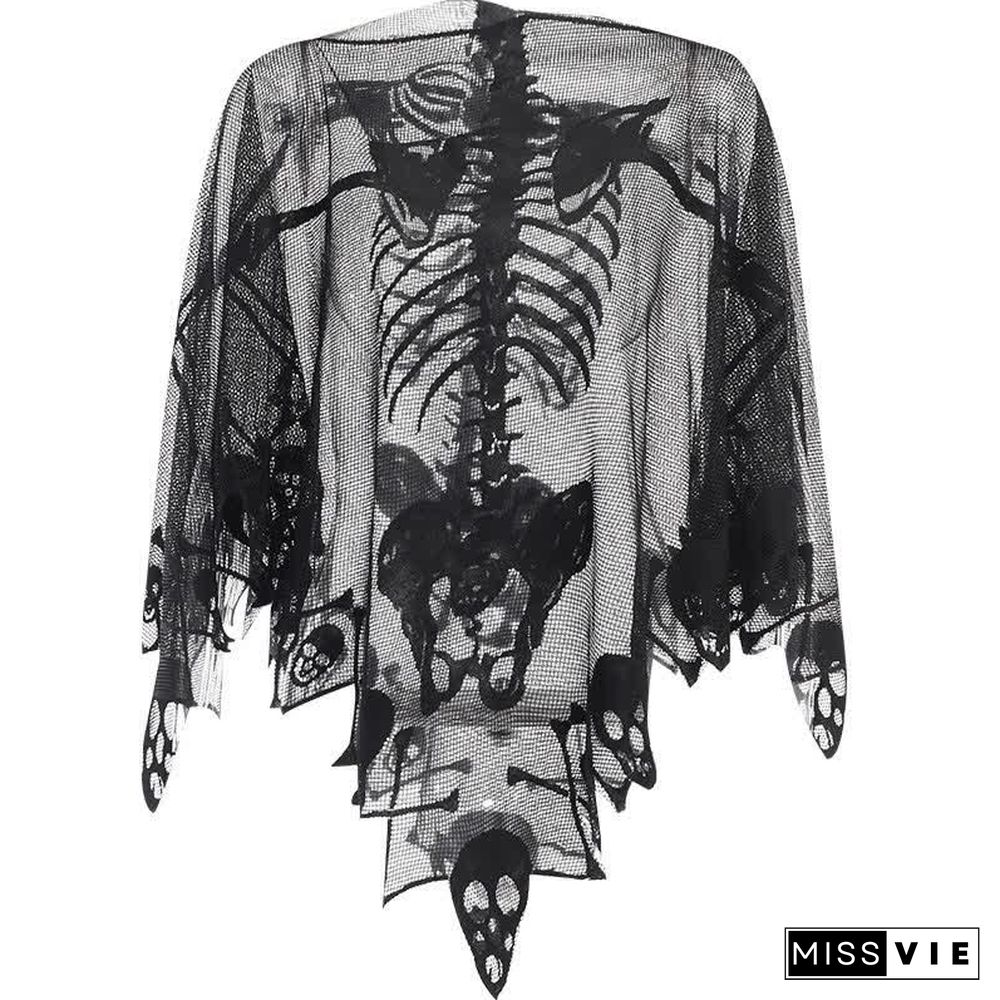 Halloween Gothic Skeleton Skull Print Lace Cloak