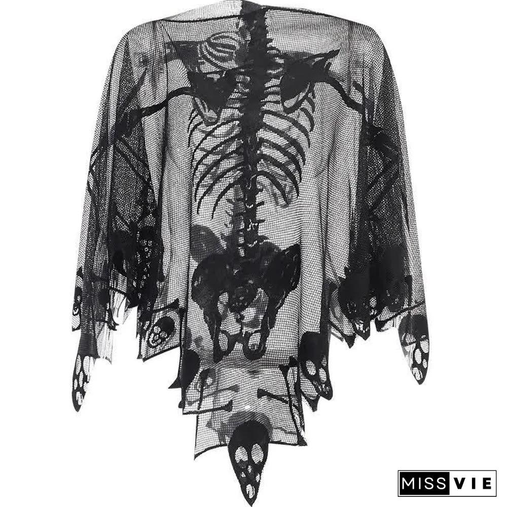 Halloween Gothic Skeleton Skull Print Lace Cloak