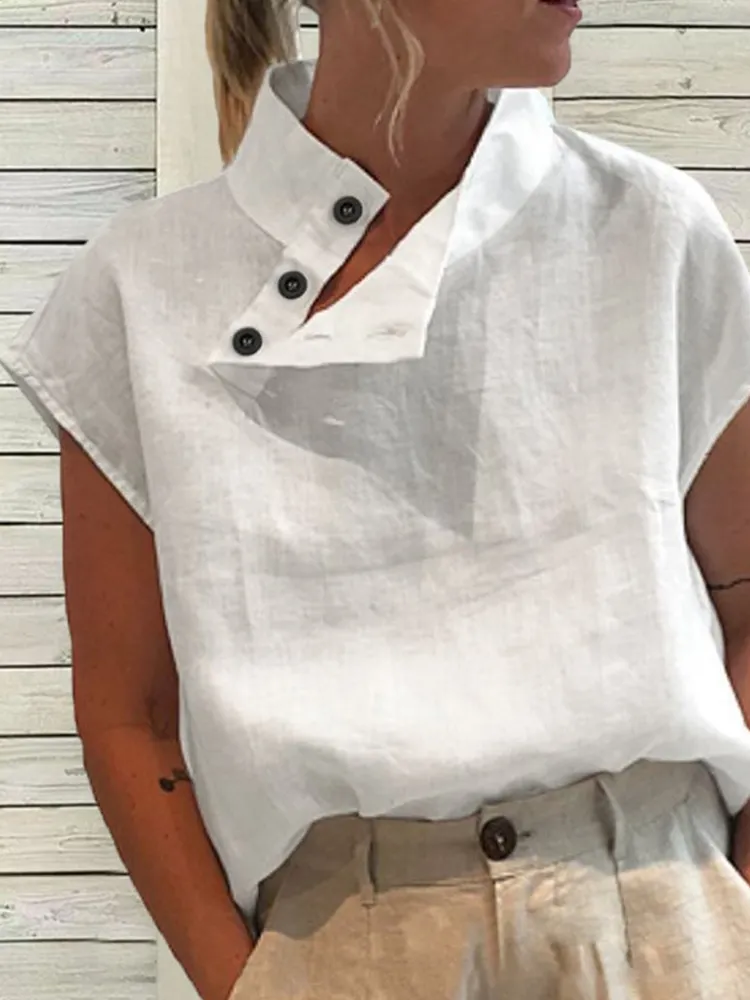 Solid Color Button Stand Collar Casual Blouse