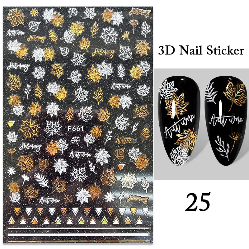 1PC iridescent Gold Black White 3D Nail Sticker Leaves Geometric Tropical Beach Decals DIY Slider Decoration Manicures-Nail Inspo