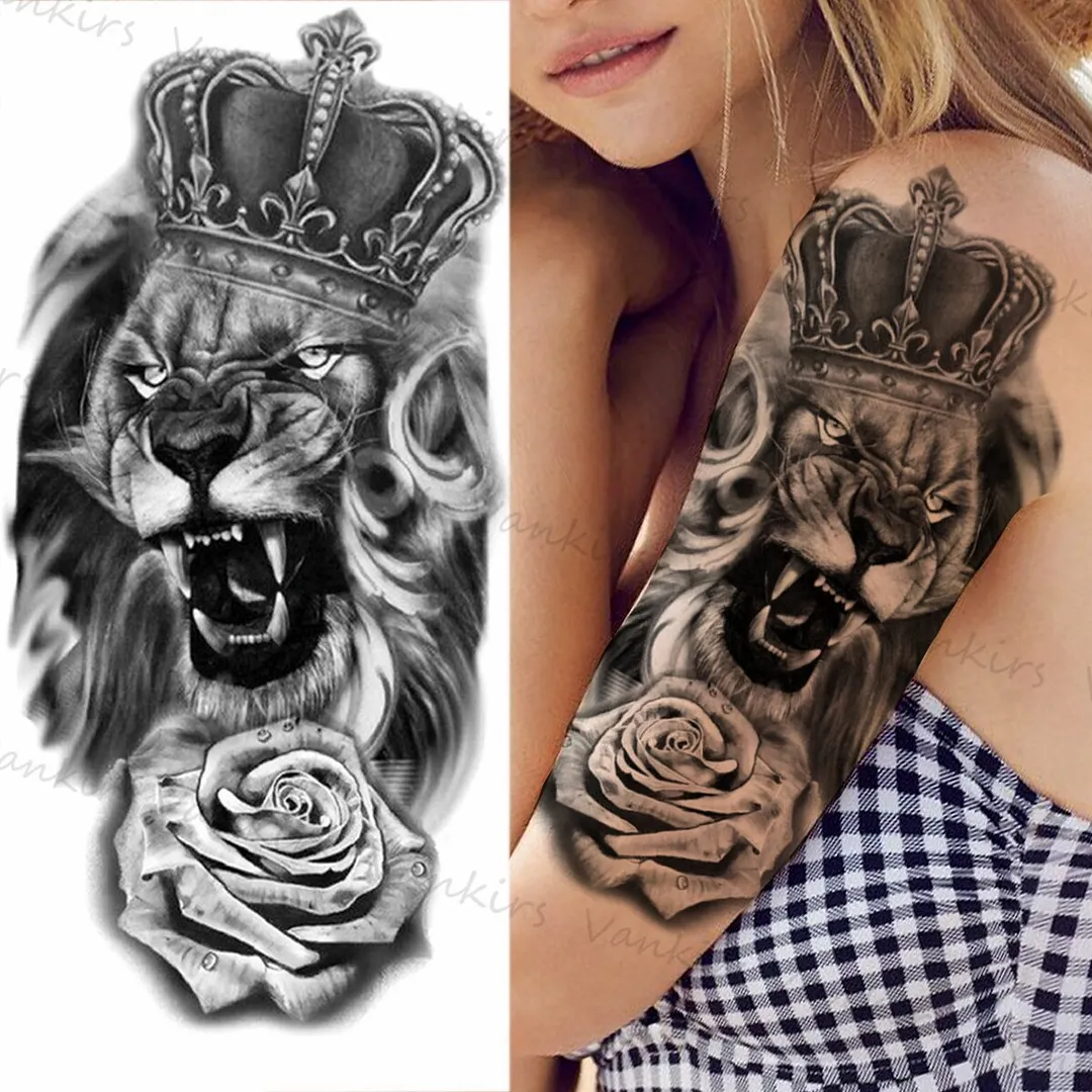 Sdrawing Lion Crown Temporary Tattoos For Women Men Wolf Compass Tiger Mountain Flower Fake Tattoo Sticker Arm Body Tatoos