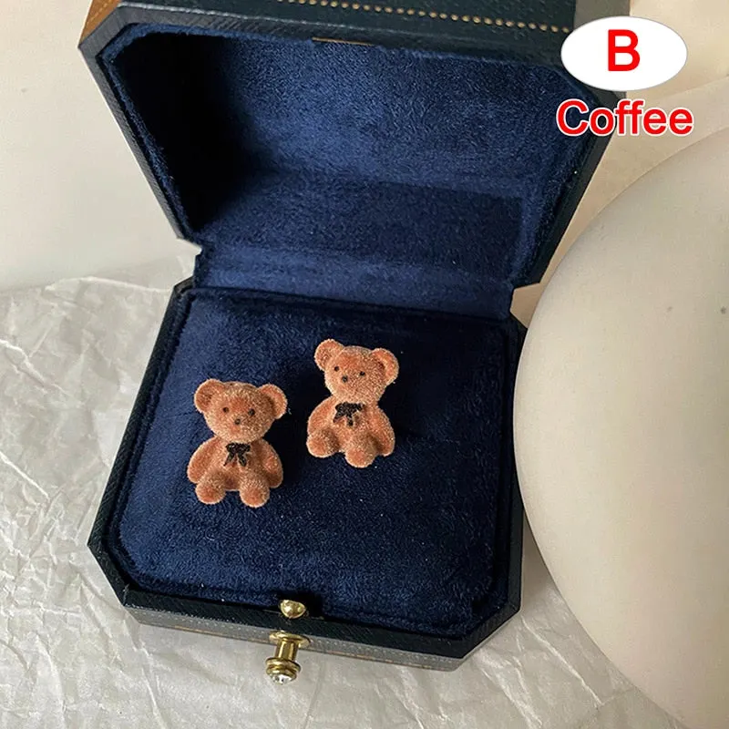 New Korean Kawaii Funny Plush Small Stud Earrings Cute Bow Bear Statement Dainty Earring Fashion Jewelry 2021