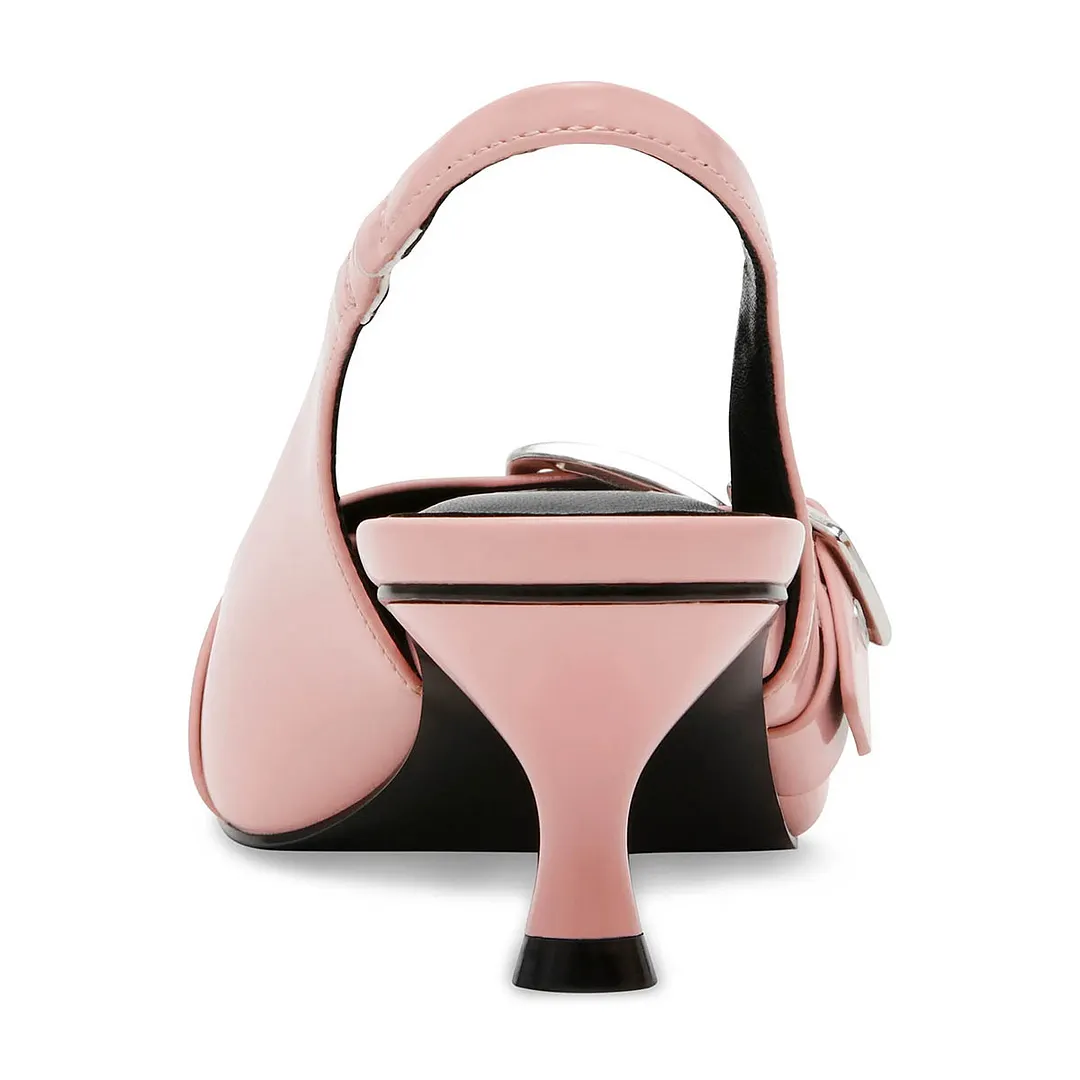 Buckle Strap Pointed Toe Kitten Heel Pink Pumps with Slingback