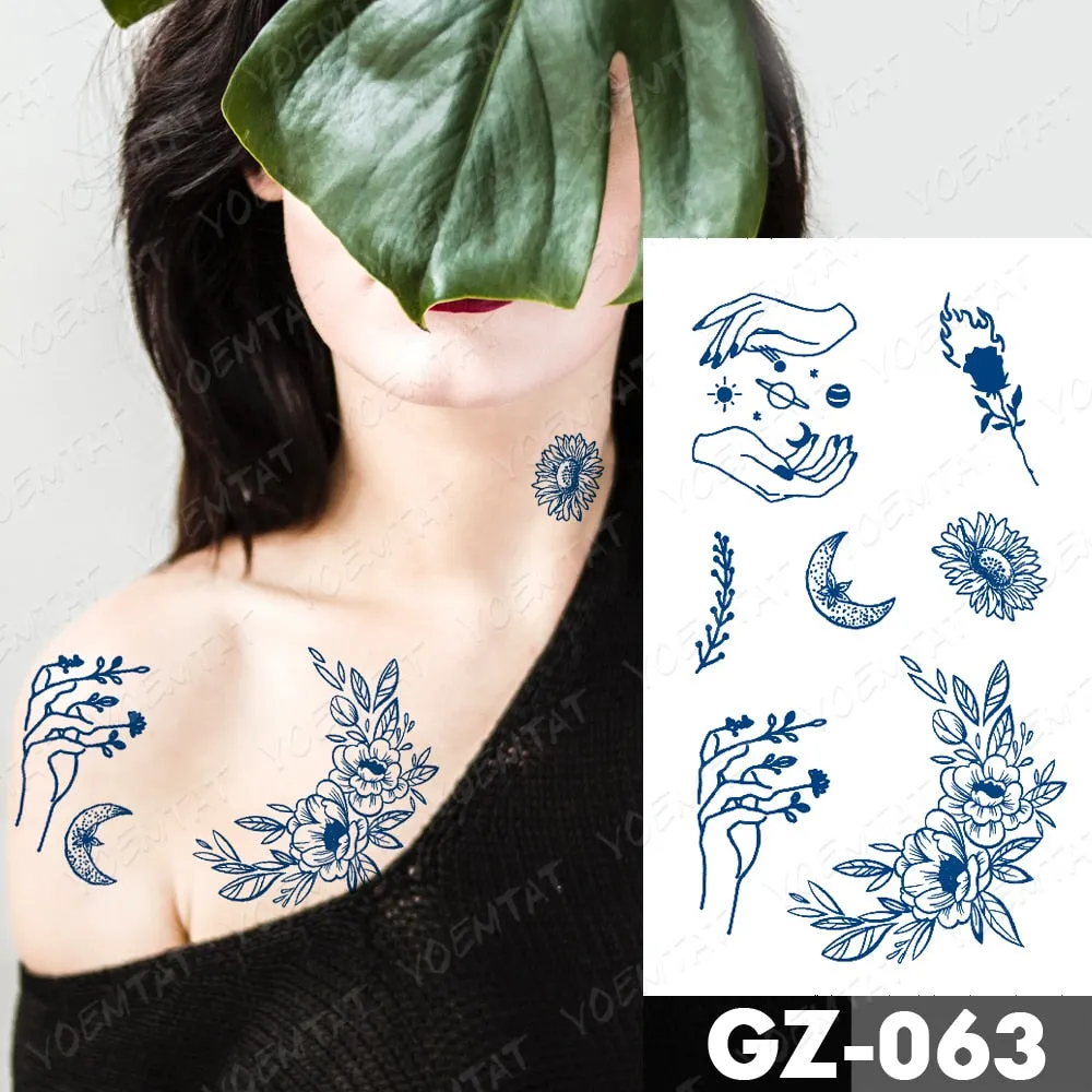 Juice Lasting Waterproof Temporary Tattoo Sticker Rose Butterfly Moon Sun Diamond Heartbeat Wave Flash Fake Tattoos Ink Body Art