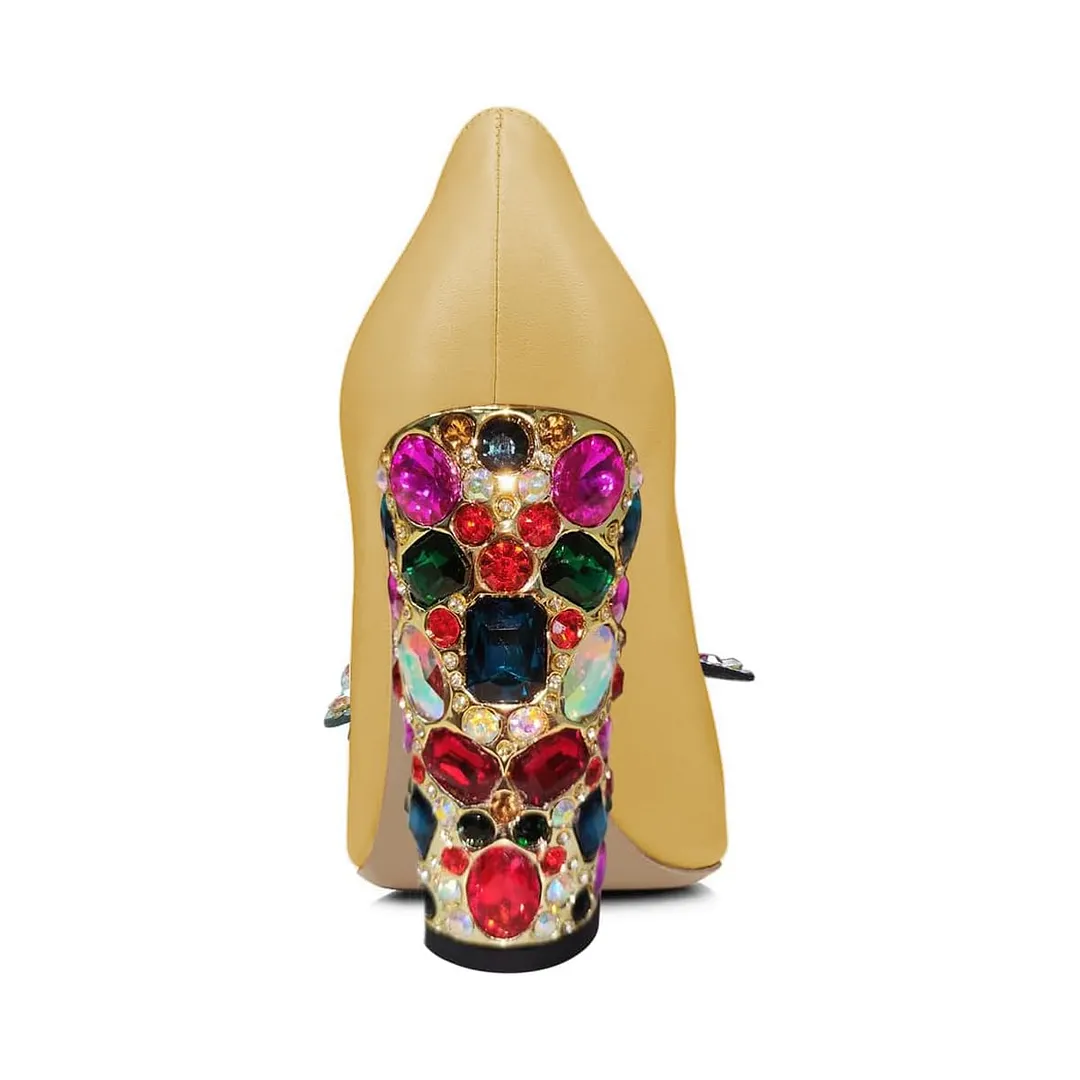 Pointed Toe Rhinestone Butterfly Slip-On Pumps Heels in Yellow
