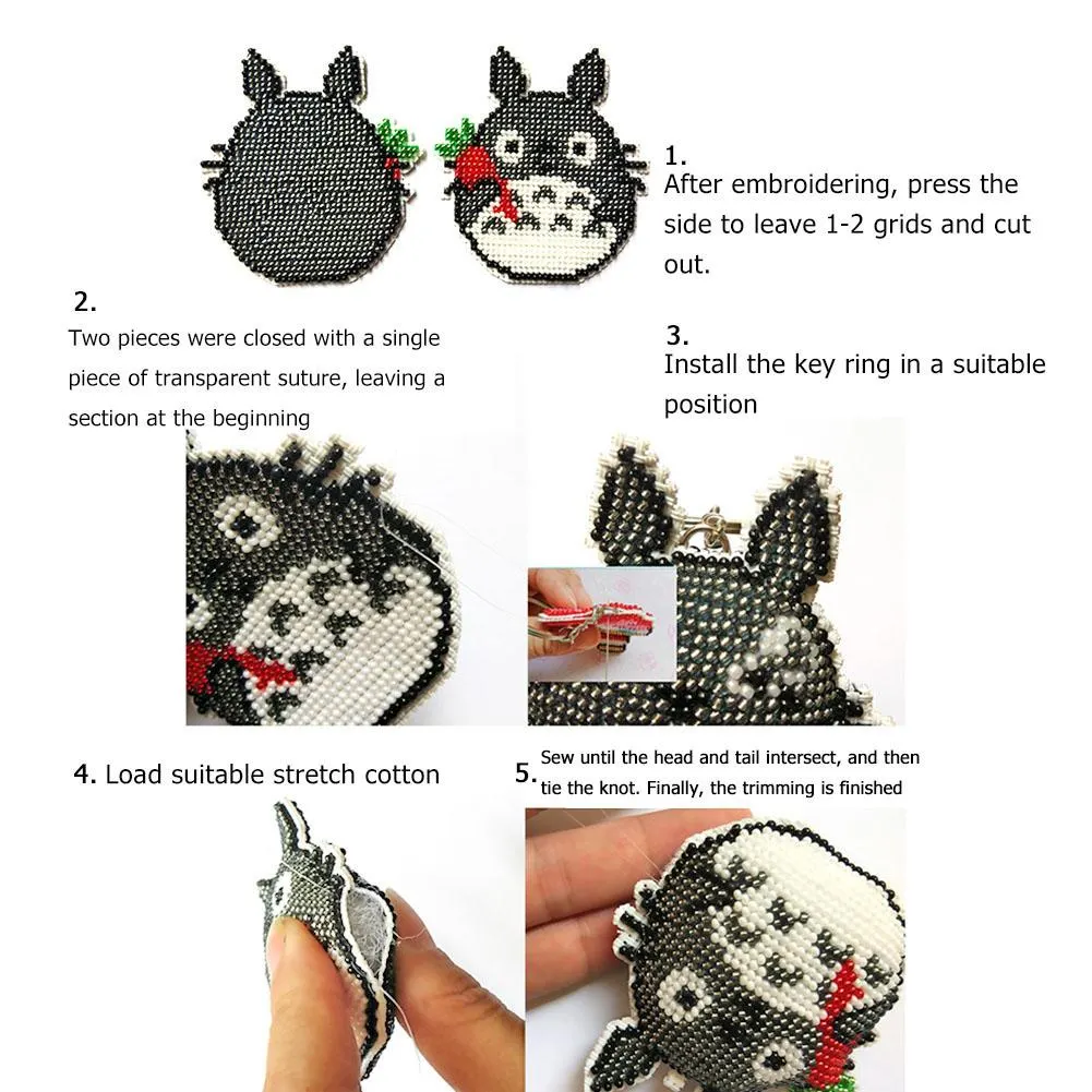 Stamped Beads Cross Stitch Keychain - Blue Fortune Cat