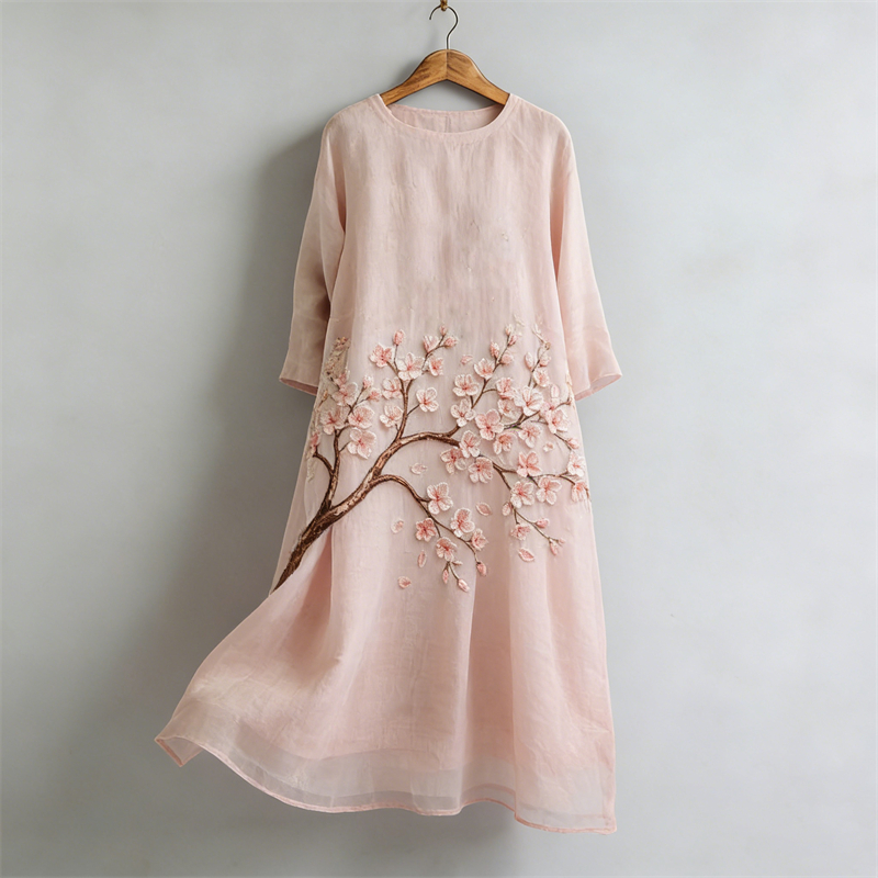 Cherry Blossom Japanese Flowy Linen Maxi Dress elevenforest