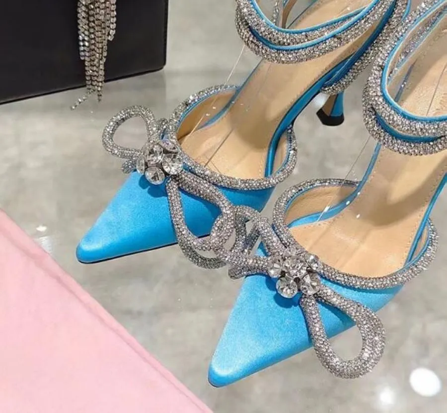 2022 Hot Glitter Rhinestones Women Pumps Crystal bowknot Satin Summer Lady Shoes Genuine leather High heels Party Prom Shoes