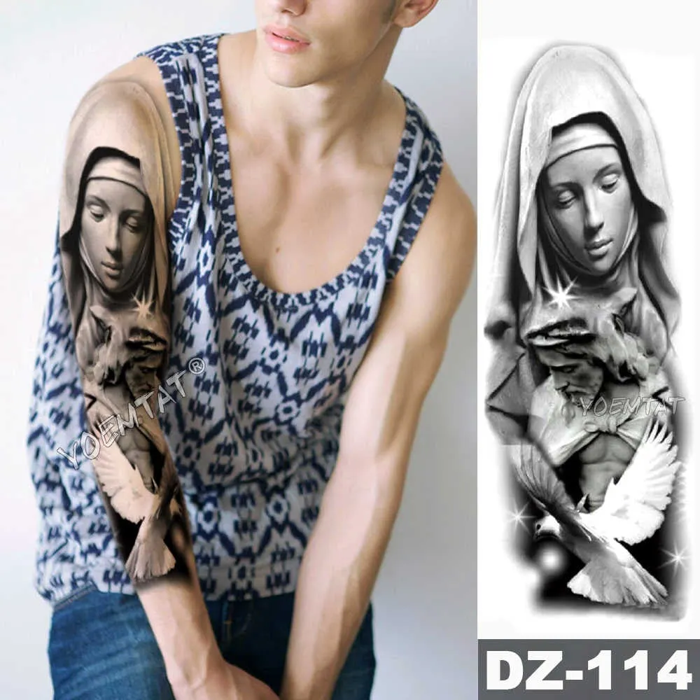 Large Arm Sleeve Tattoo Sketch Lion Tiger Waterproof Temporary Tattoo Sticker Crow Warrior Soldier Men Full Skull Totem Tattoo