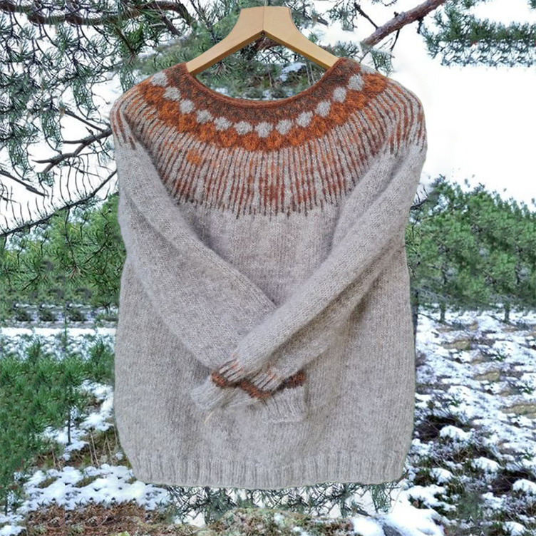 Vintage Gray Icelandic Knit Jacquard Warmth Crew Neck Sweater Unisex