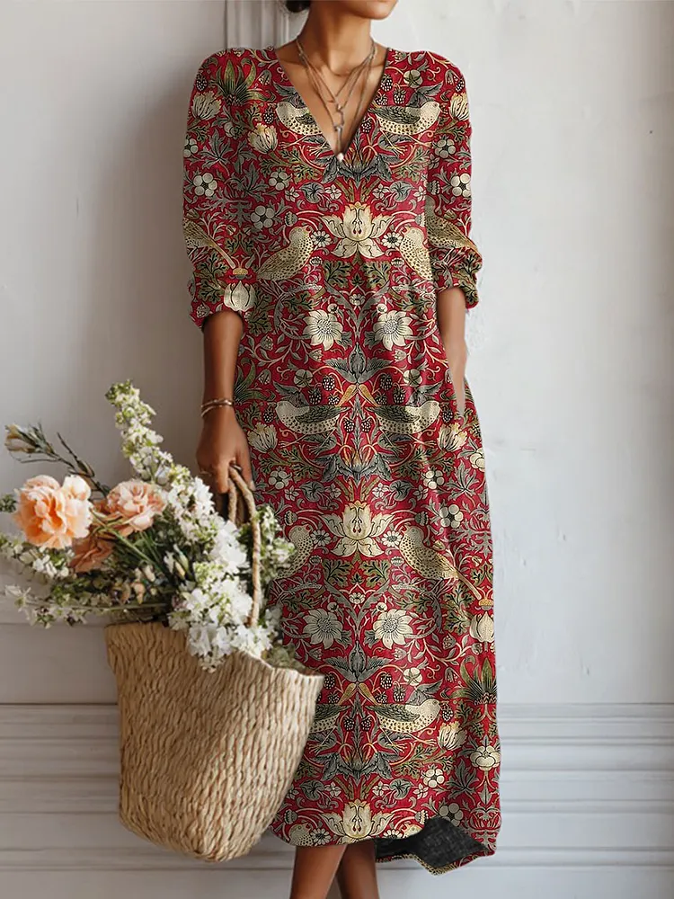 Women's Vintage Flower Art Print Linen Pocket Tunic Dress