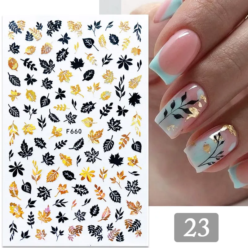 1PC Gold Black iridescent 3D Nail Sticker Tropical Plants Leaves Tree Transfer Decals For Nails Summer Nail Art Decorati