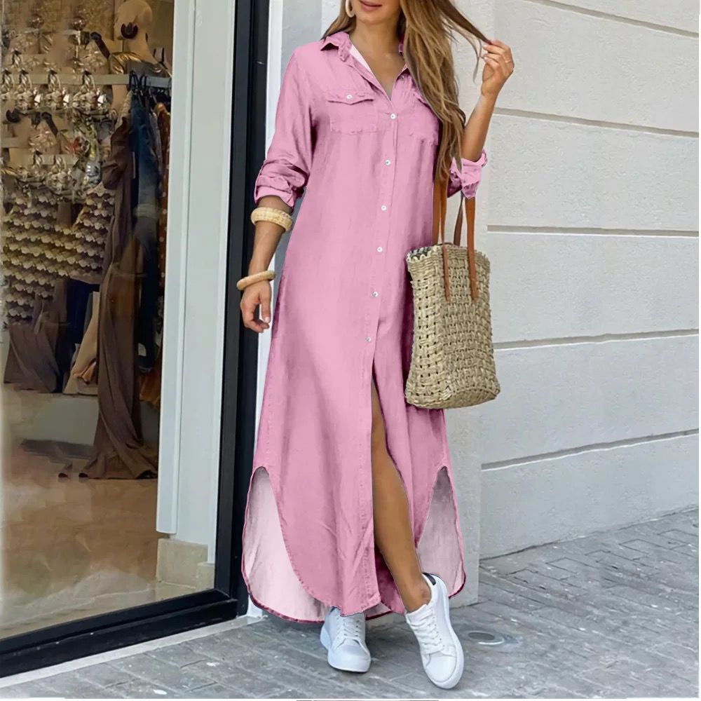 Plus Size Solid Color Shirt Collar Maxi Shirt Dress With Pockets