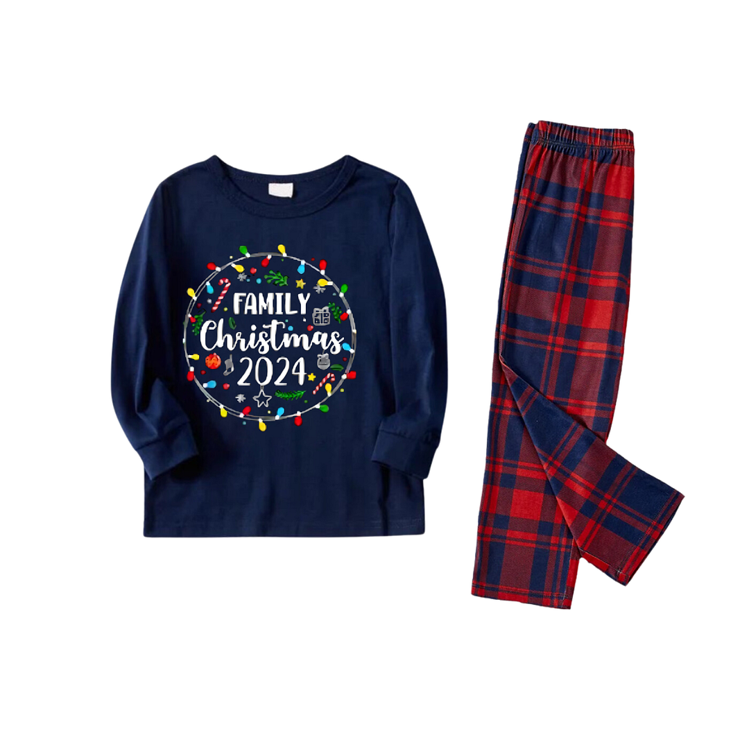 Christmas Light and "Family Christmas 2024" Printed Red and Blue Plaid Christmas Matching Pajamas