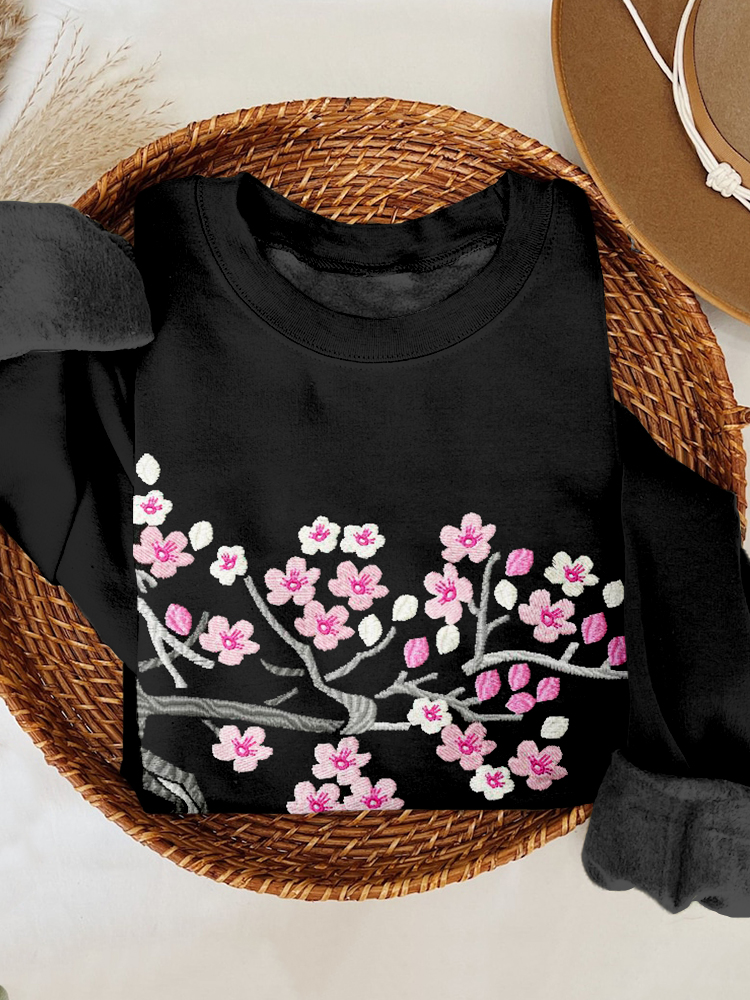 Plum Blossoms Embroidered Art Cozy Sweatshirt elevenforest