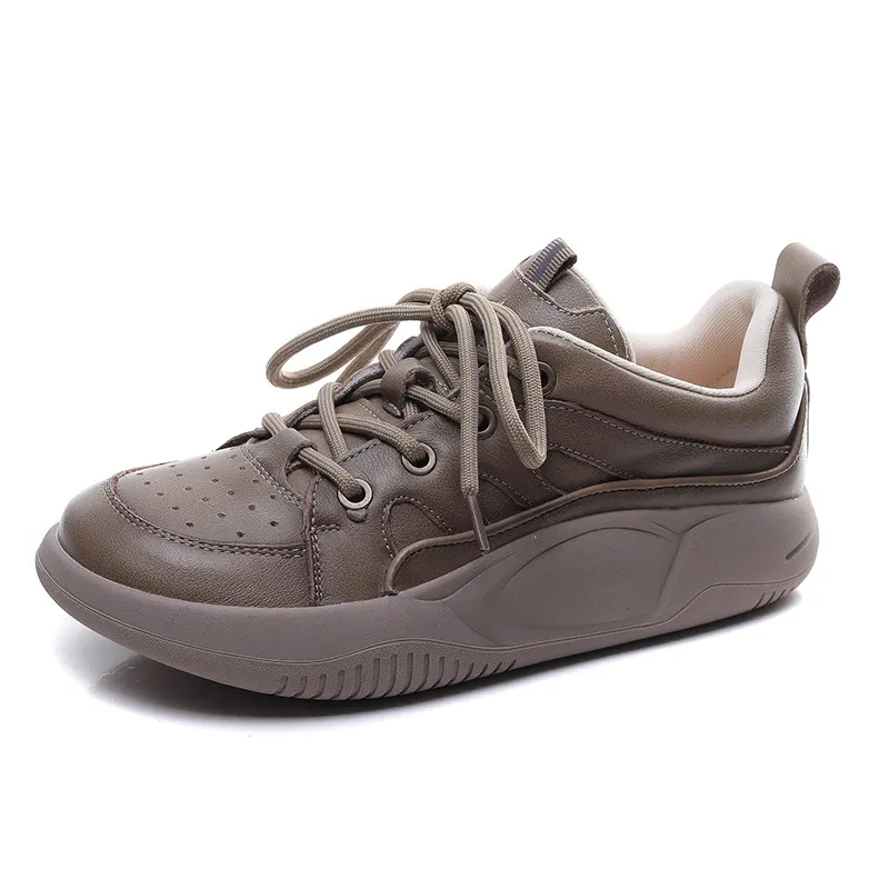 Yyvonne Layer Of Cowhite Casual Lace Handmade Women's Shoes New Leather Flat-Bottomed Sports Wind Soft Sole Shoes Wear Low Heel