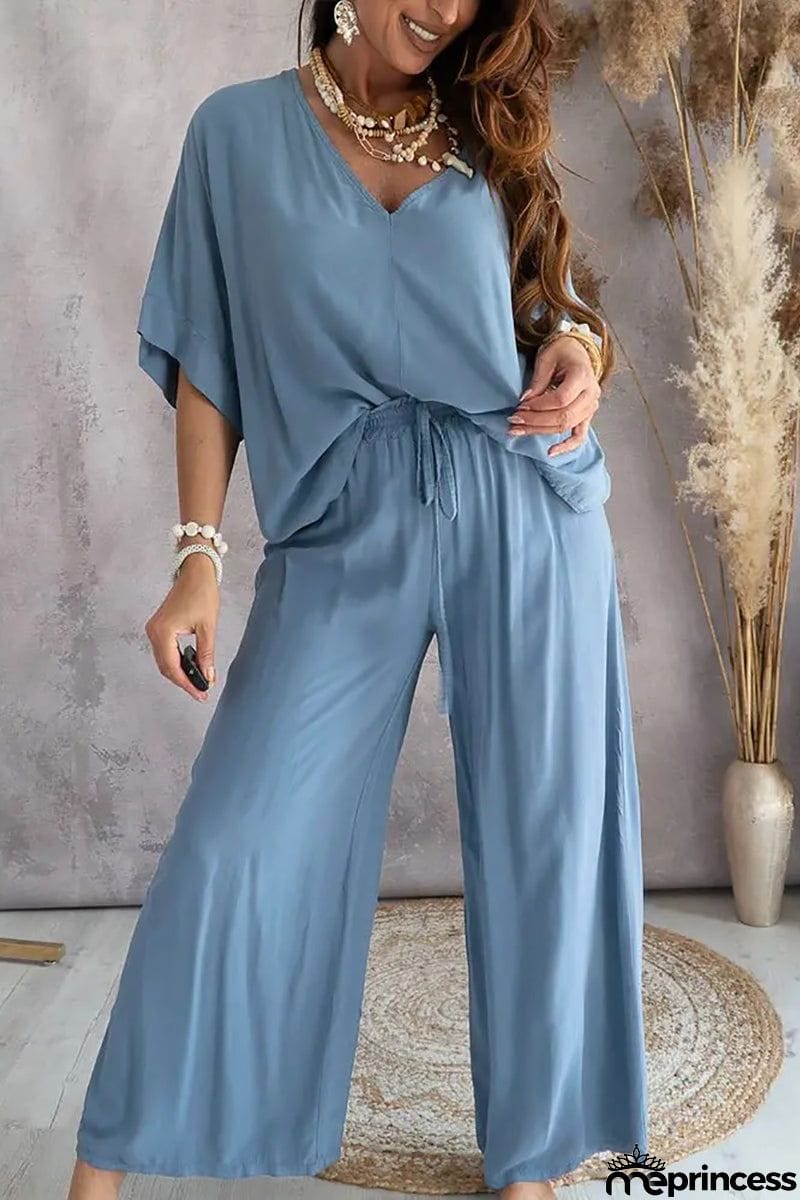 V Neck Bat Blouse Pants Set