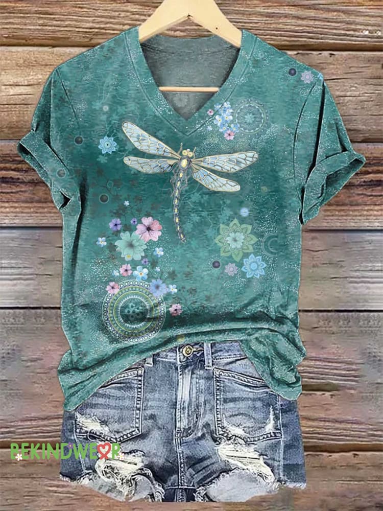 Women&rsquo;s Floral Dragonfly V-neck Casual T-Shirt Multicolor / S