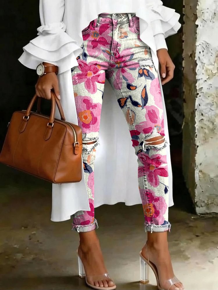 Women's Fashion Vintage Floral Artistic Print Casual High-waisted Skinny Ripped Jeans