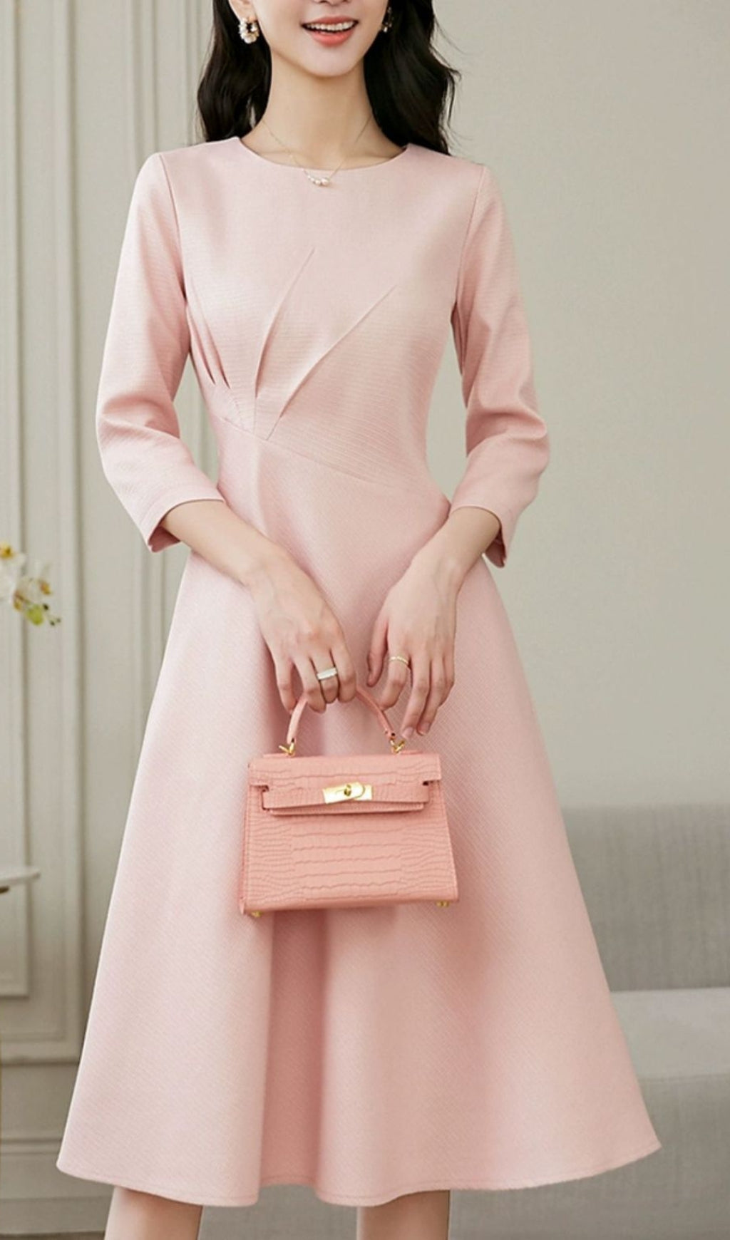 Elegant Pink Long Sleeve Midi Dress Flowering Girl