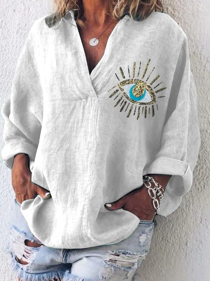 Cotton and linen devil's eye sequin print V-neck top