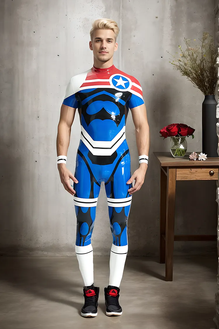 Men Latex Catsuits Captain Star Back Zip Superhero