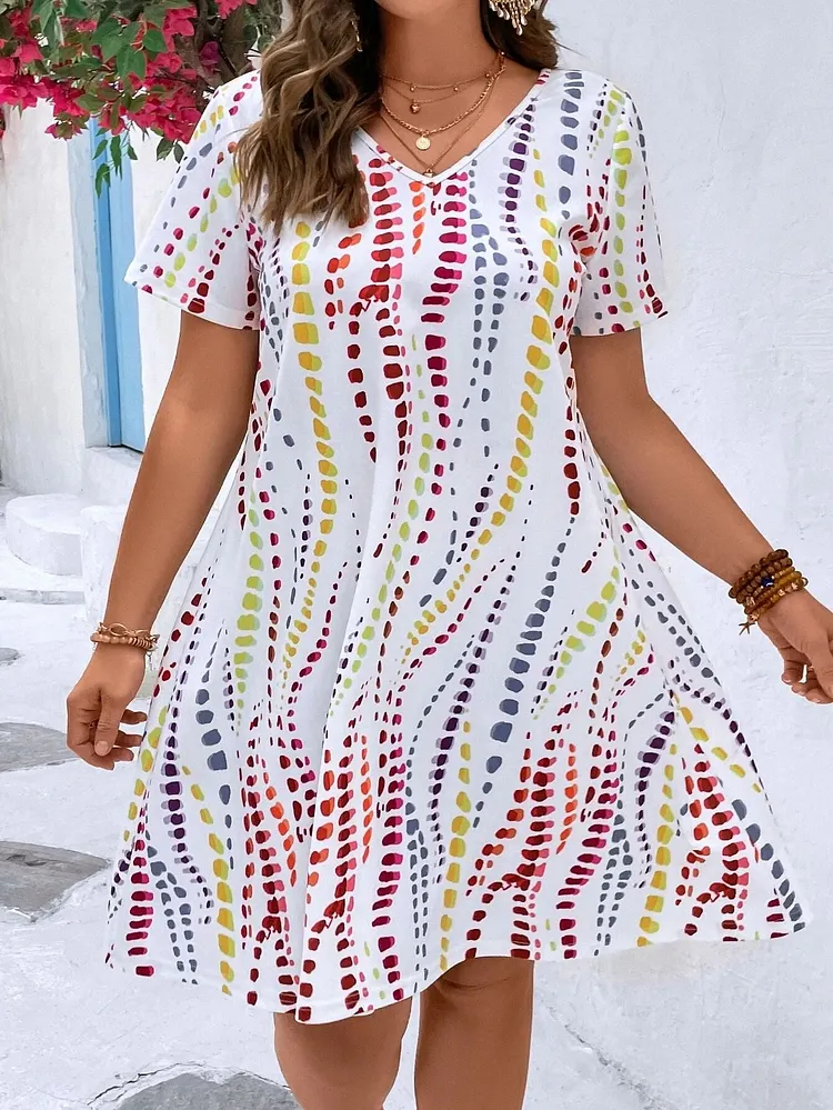 Women's  Allover Print V Neck Tee Dress