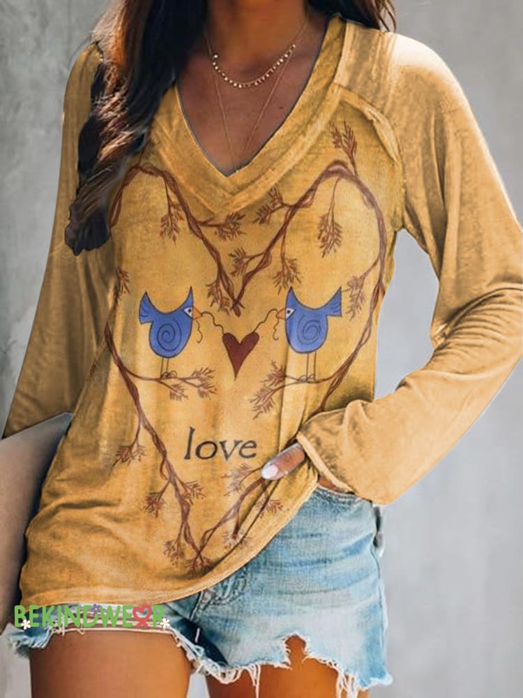 Vintage Peace Love Garcinia Cambogia Bird Print Casual V-Neck Long Sleeve Top Multicolor / S