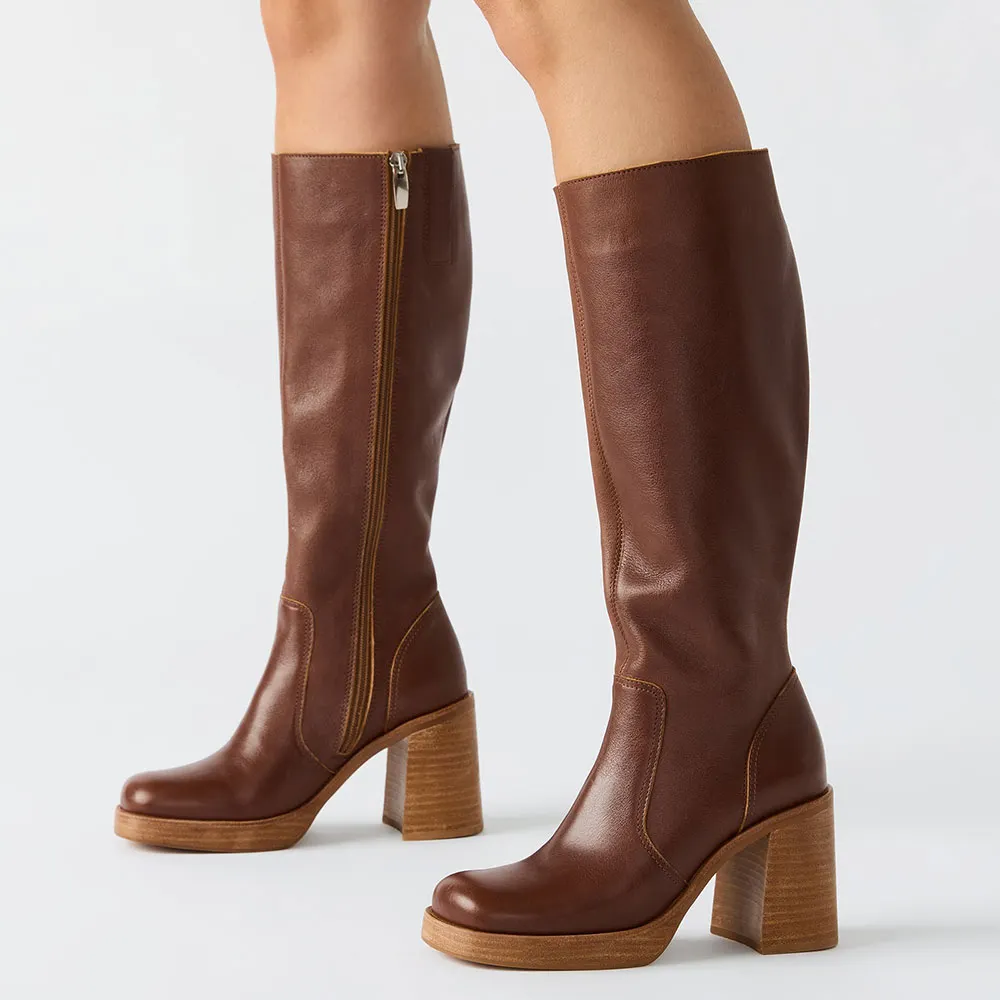 Brown Vegan Leather Square Toe Side Zipper Block Heel Tall Boots