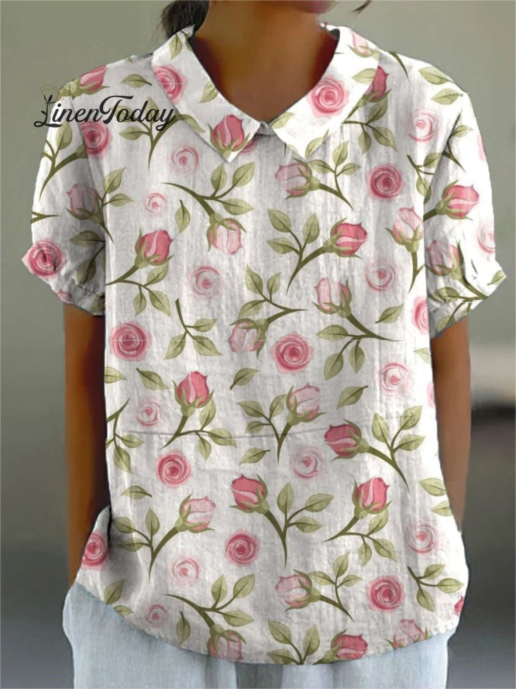 Women&rsquo;s Rose Flower Print Casual Cotton And Linen Shirt Top-1 / S