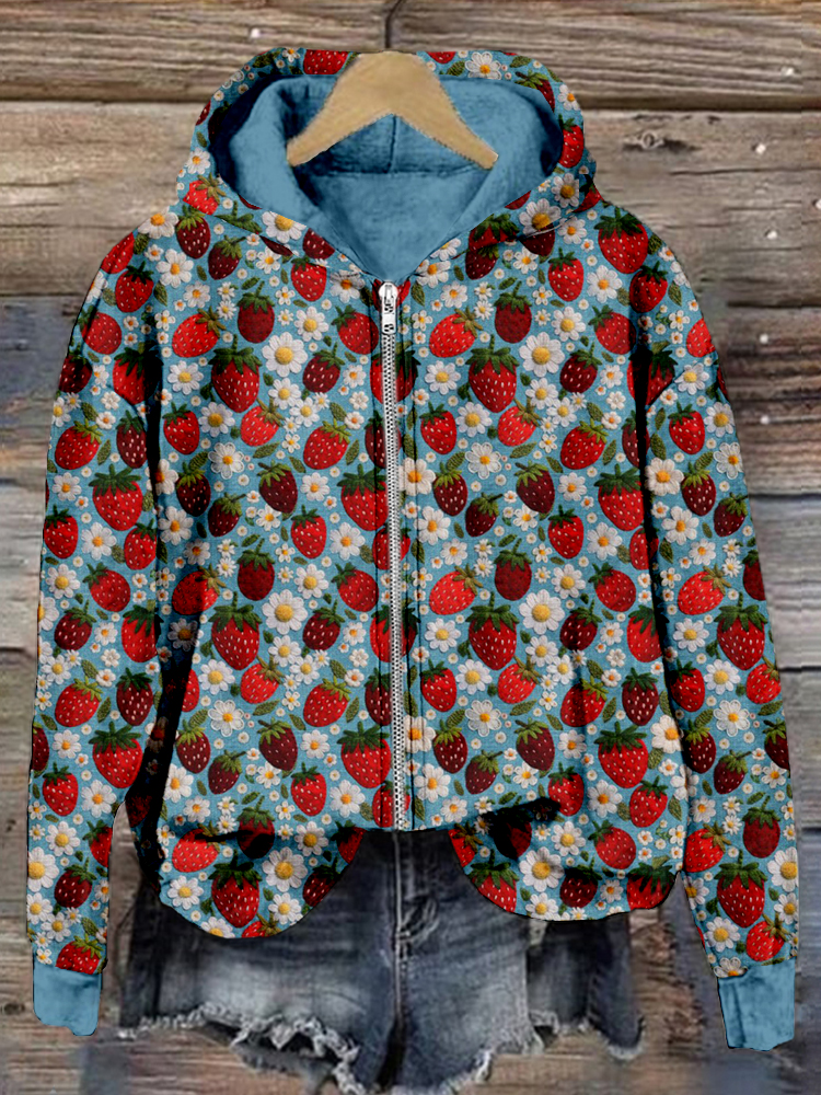 Felt Strawberries and Flowers Embroidery Art Zip Up Comfy Hoodie artswardrobe