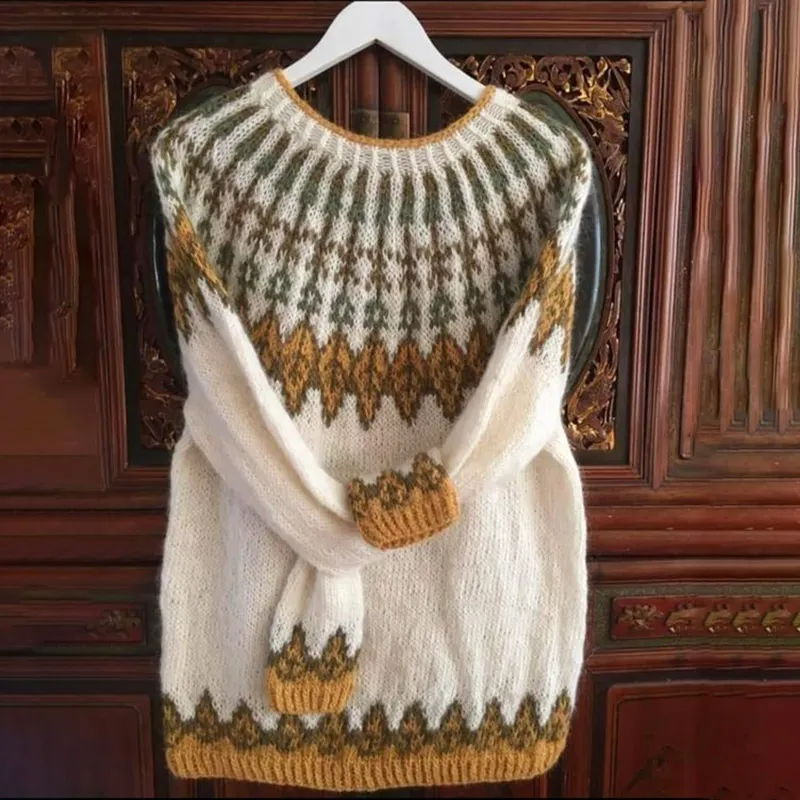 Vintage Yellow Icelandic Knit Jacquard Warmth Crew Neck Sweater Unisex