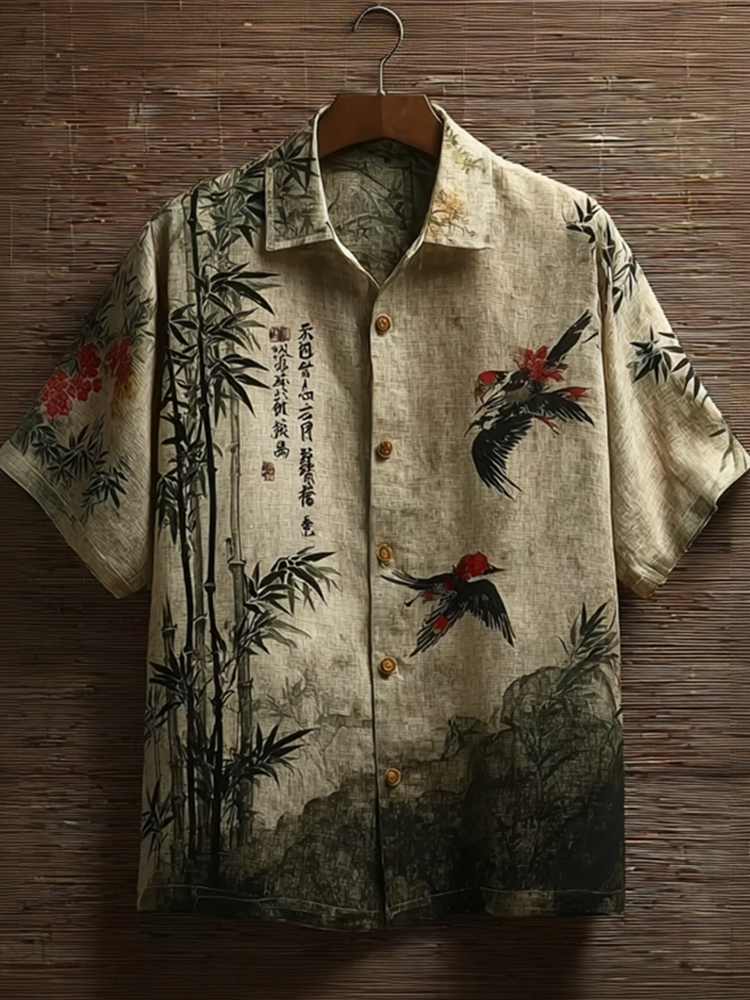 Japanese Art Retro Style Birds And Flowers Pattern Men's Short Sleeve Shirt  artssus