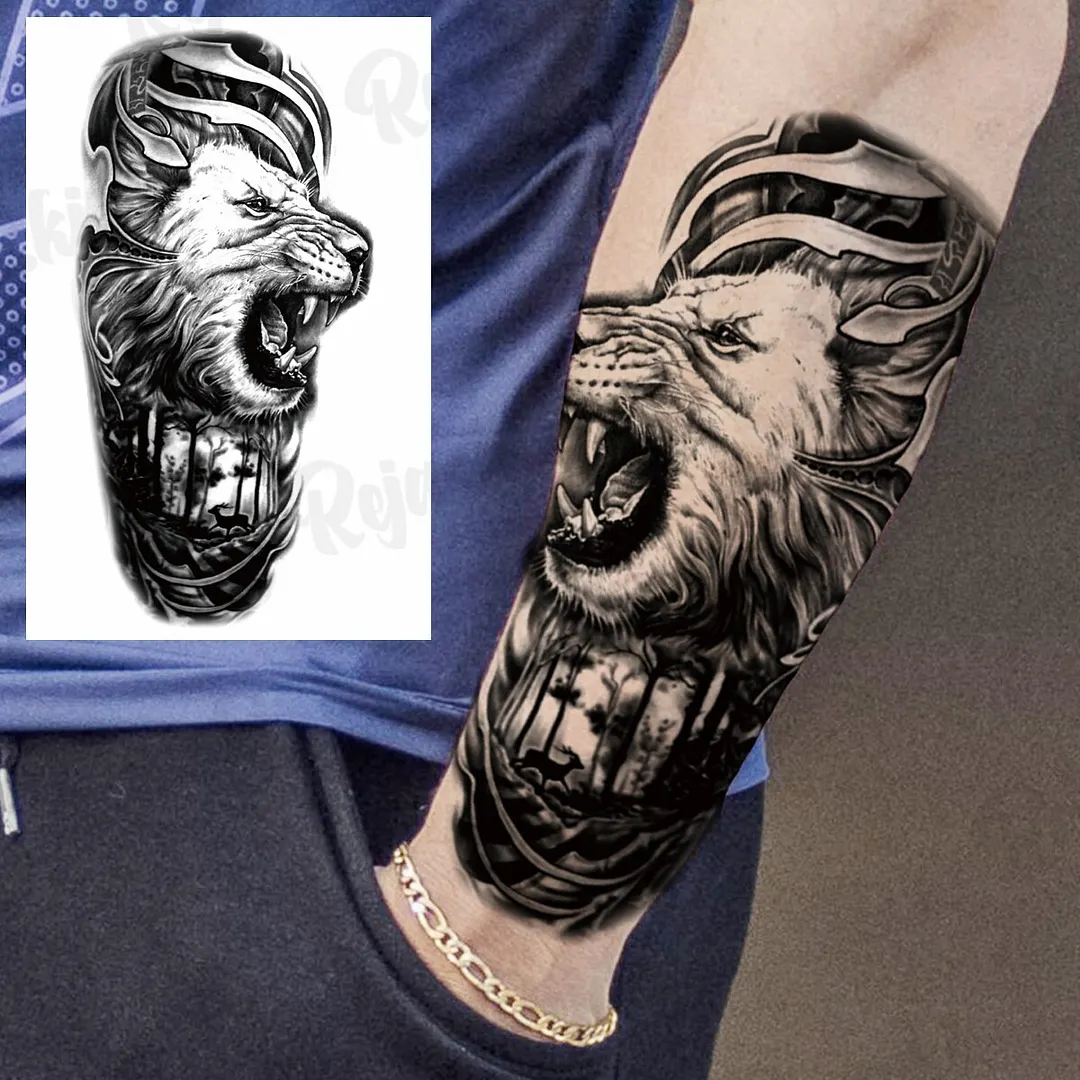 Sdrawing Thorns Temporary Tattoos For Adults Men Realistic Totem Maori Lion Compass Flower Tiger Fake Tattoo StickerArm Tatoos DIY