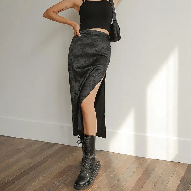 Brownm Floral Side Slit Midi Skirt