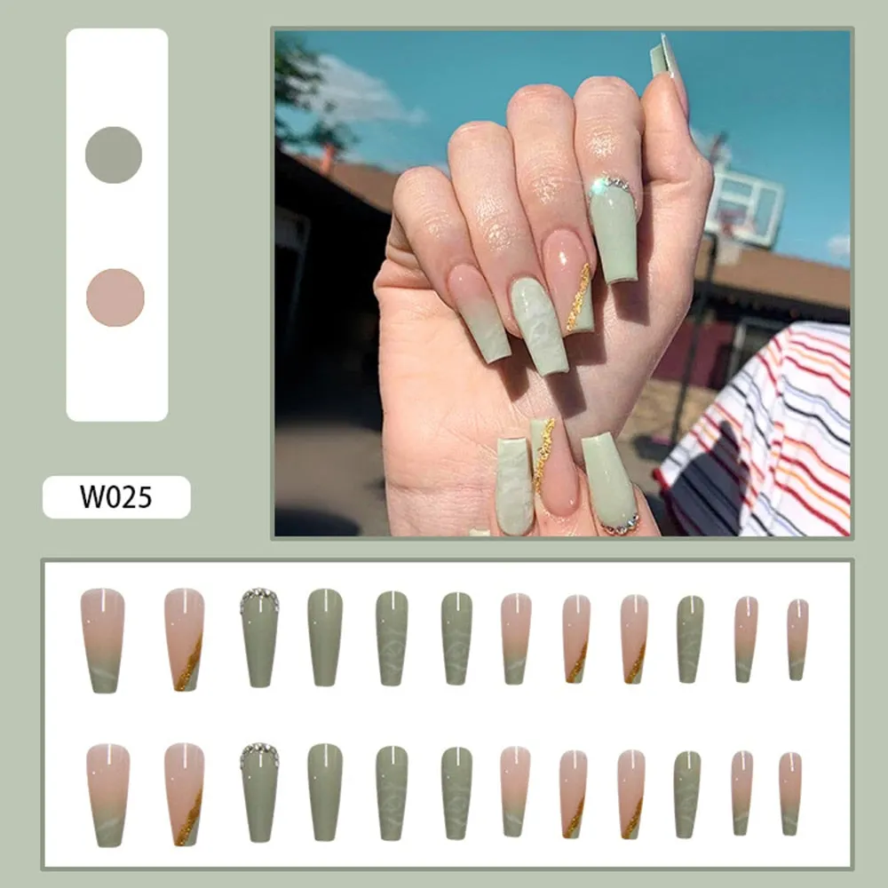 24pcs/Box Matcha Green Color With Rhinestone Long Coffin False Nails Full Cover Ballerina Press On Nails Wearable Fake Nails
