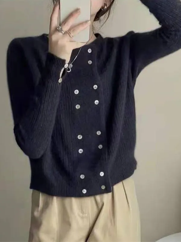 Urban Long Sleeves Buttoned Solid Color Round-Neck Cardigan Tops
