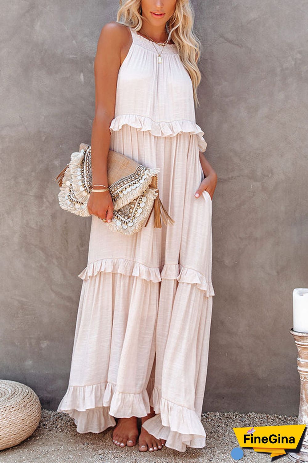 Pocketed Halter Textured Maxi Dress