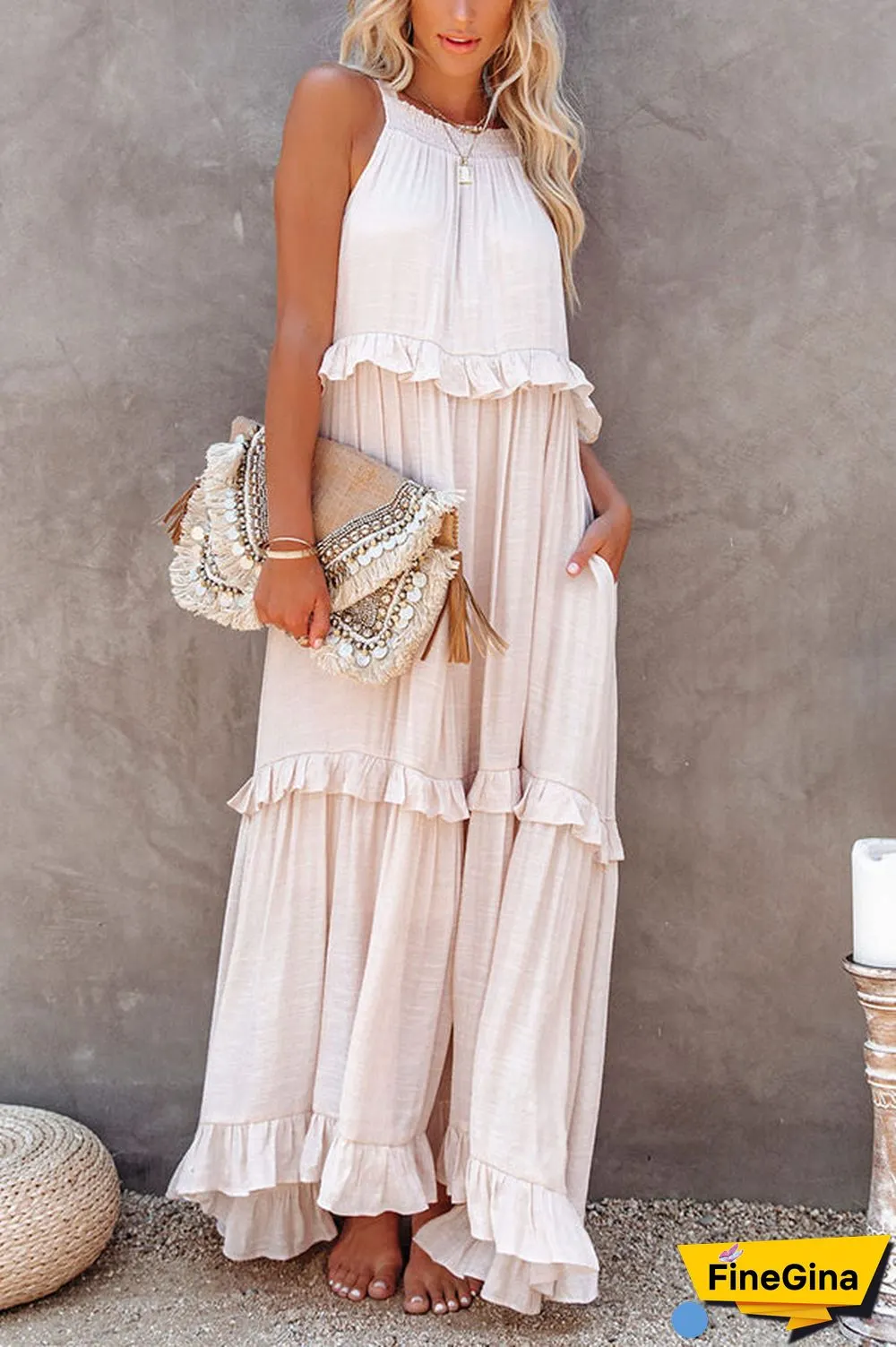 Pocketed Halter Textured Maxi Dress